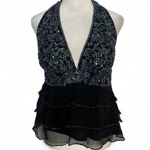 Sean Collection Black and Blue Embroidered Ruffle Blouse